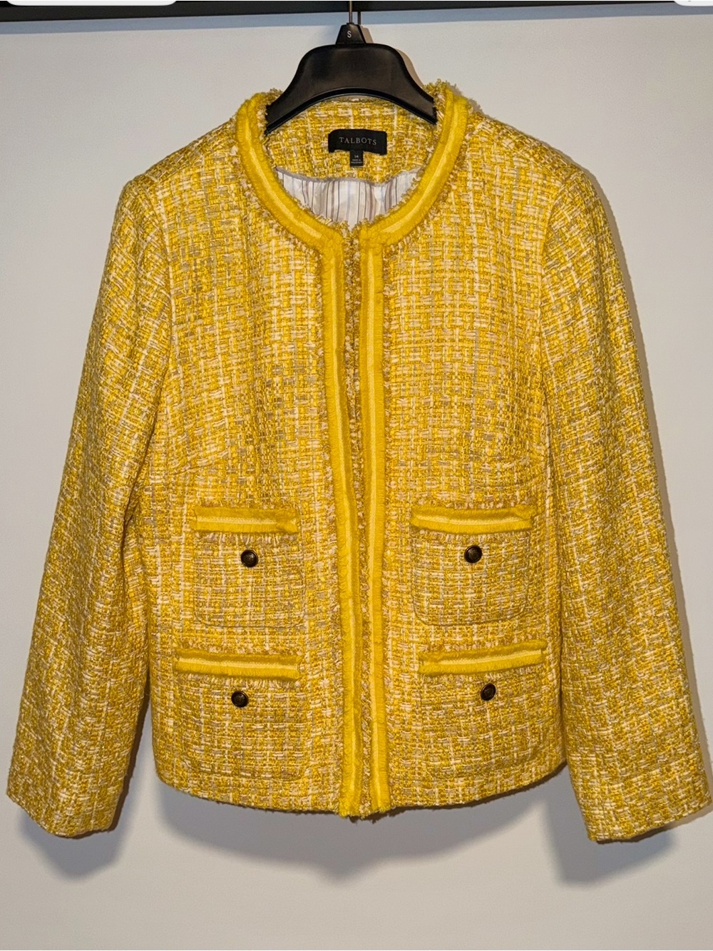 Talbots Bright Yellow Tweed Fringe-Trim Cropped Blazer